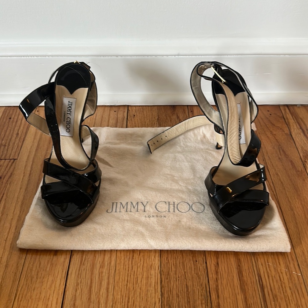 Jimmy Choo black patent leather cross-strap high-heel sandals